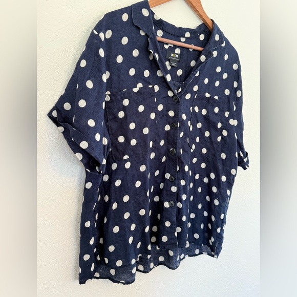 Anthropologie Maeve Navy Polka Dot Top 100% Linen, Button-Up, Size XL - Picture 3 of 7
